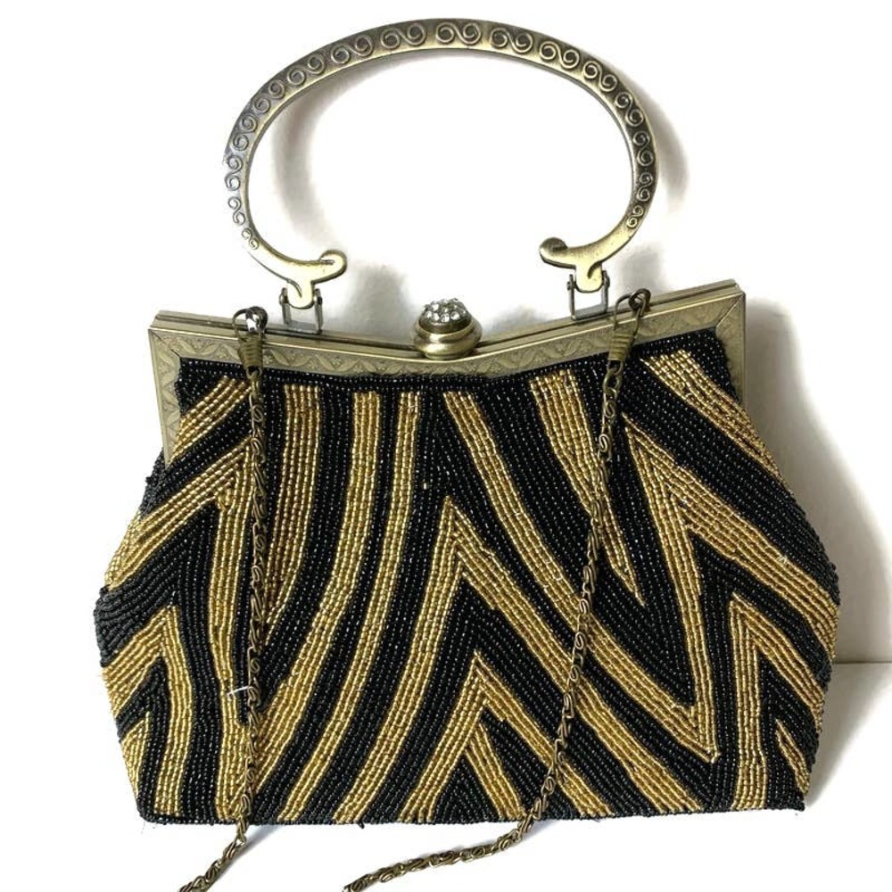 Vintage Gold Black Beaded Evening Purse Party Handbag With Chain Crossbody Strap